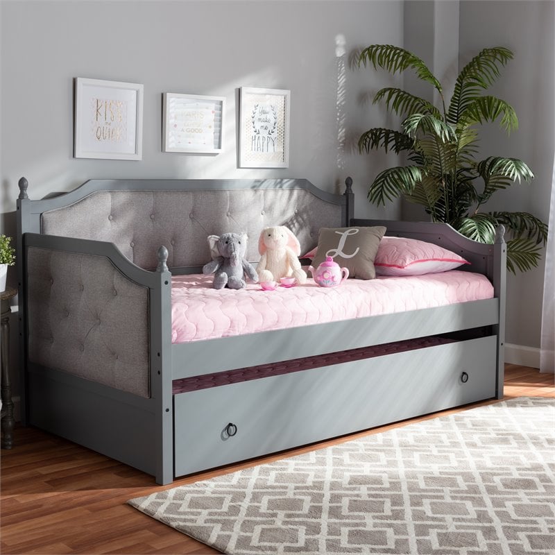 Baxton Studio Mara Wood Upholstered Twin Daybed with Trundle in Gray