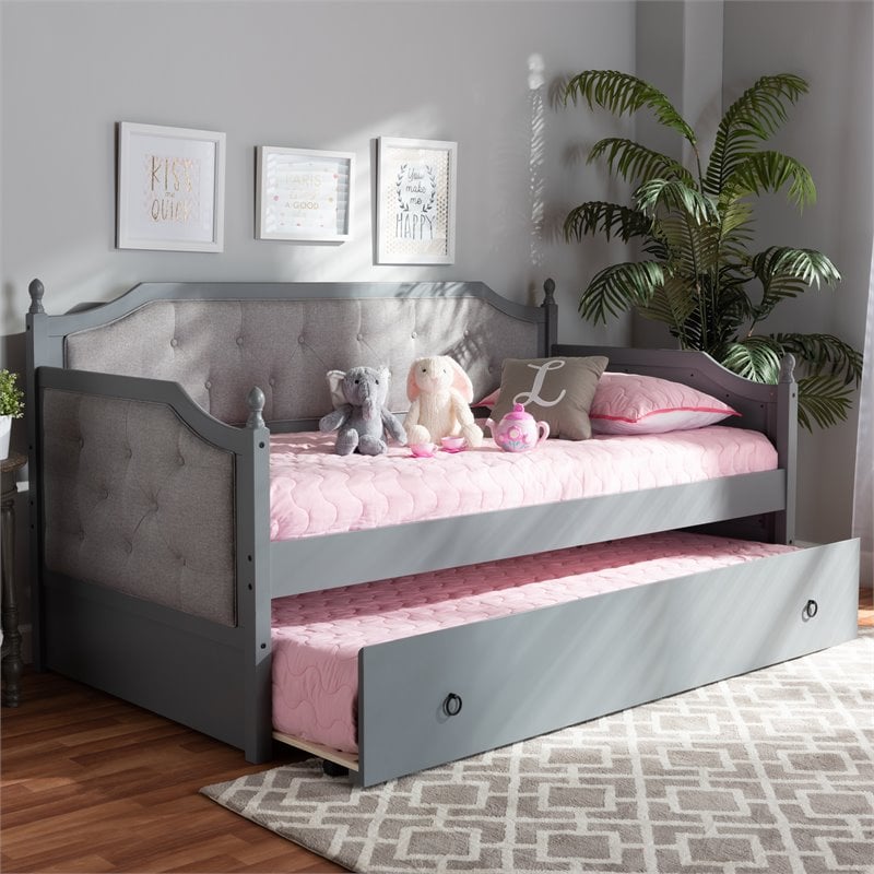 Baxton Studio Mara Wood Upholstered Twin Daybed with Trundle in Gray