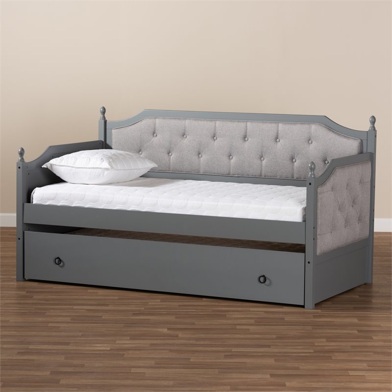 Baxton Studio Mara Wood Upholstered Twin Daybed with Trundle in Gray