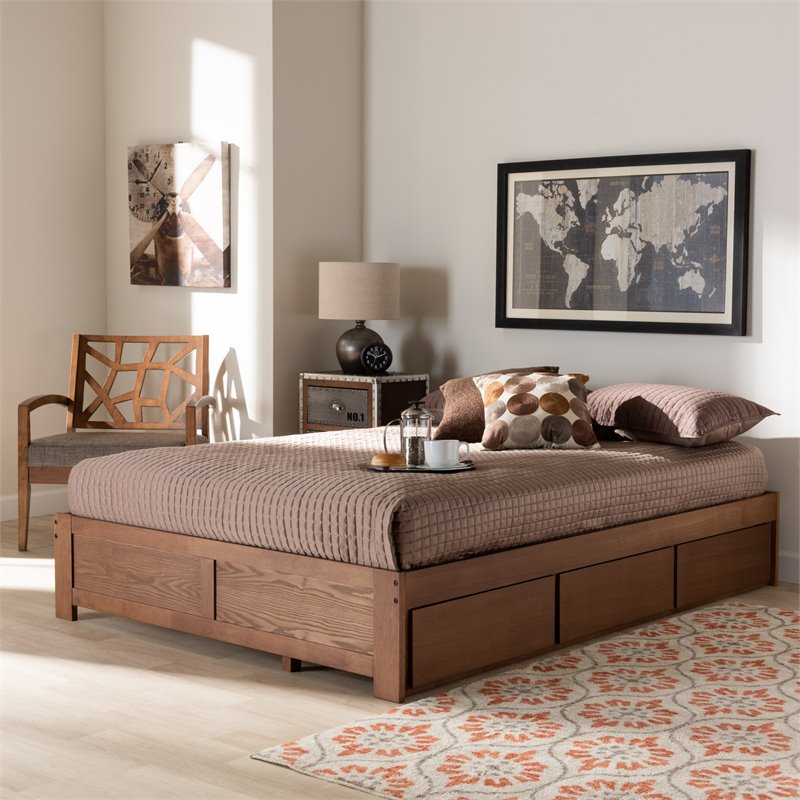Baxton Studio Wren King Size Walnut 3-Drawer Storage Bed Frame