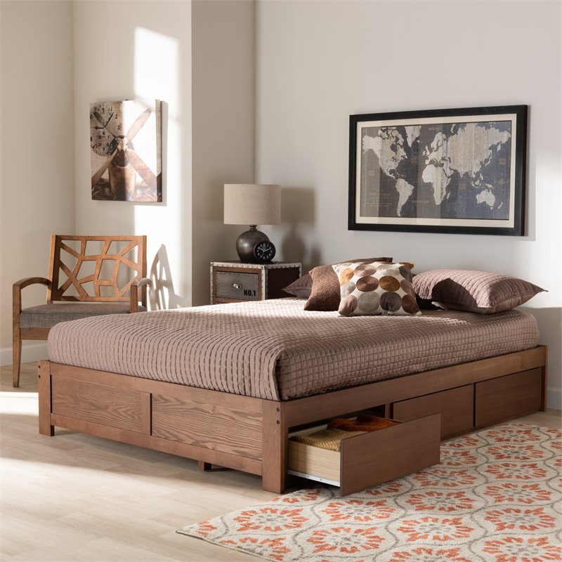 Baxton Studio Wren King Size Walnut 3-Drawer Storage Bed Frame