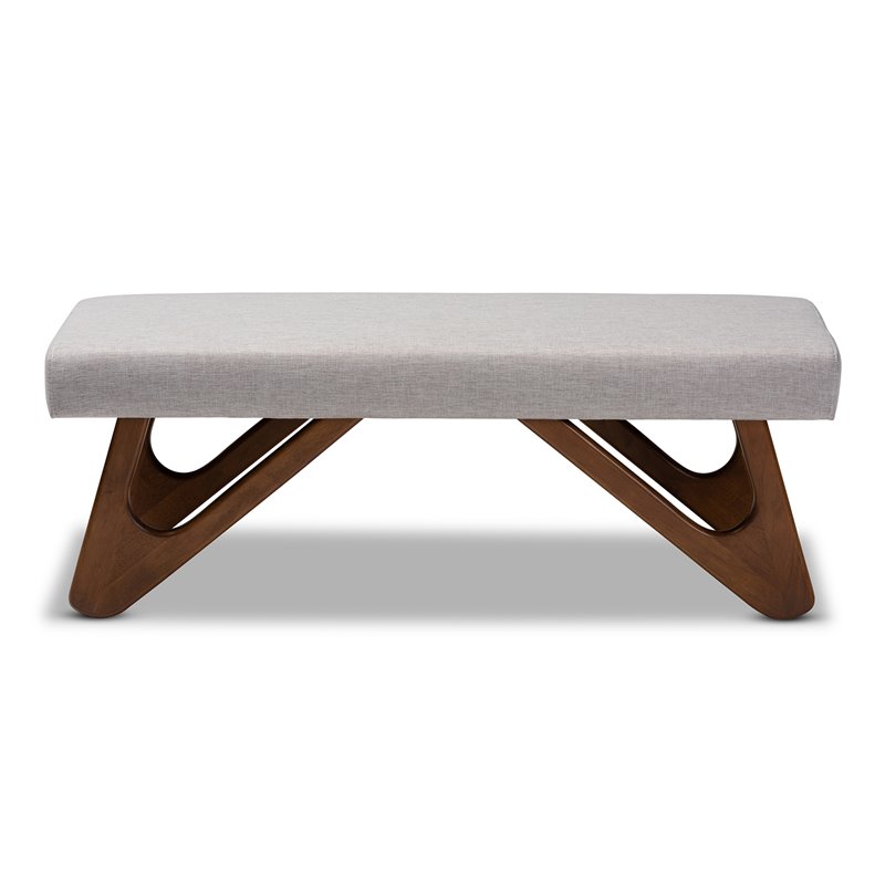 Baxton Studio Rika Greyish Beige Upholstered Walnut Brown Boomerang Bench