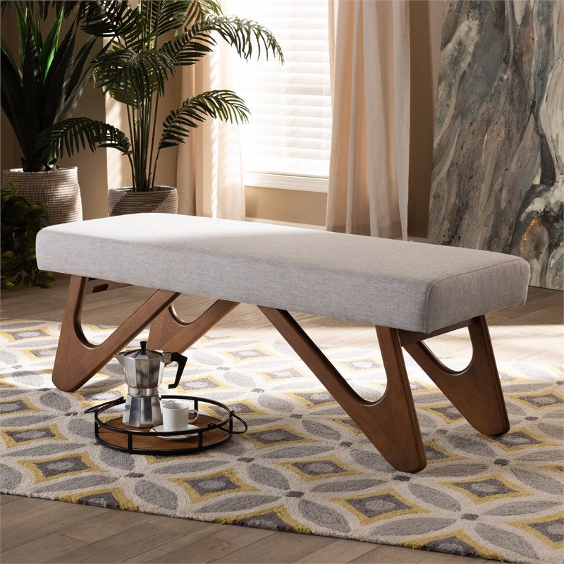 Baxton Studio Rika Greyish Beige Upholstered Walnut Brown Boomerang Bench