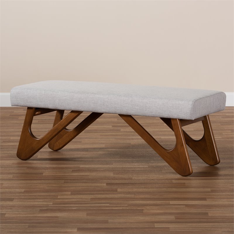 Baxton Studio Rika Greyish Beige Upholstered Walnut Brown Boomerang Bench