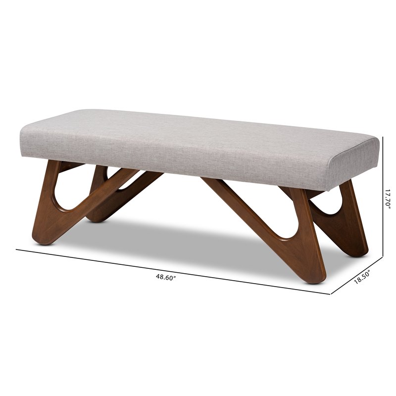 Baxton Studio Rika Greyish Beige Upholstered Walnut Brown Boomerang Bench