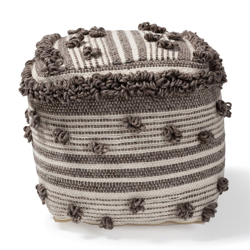 Baxton Studio Eligah Ivory and Brown Handwoven Wool Pouf Ottoman