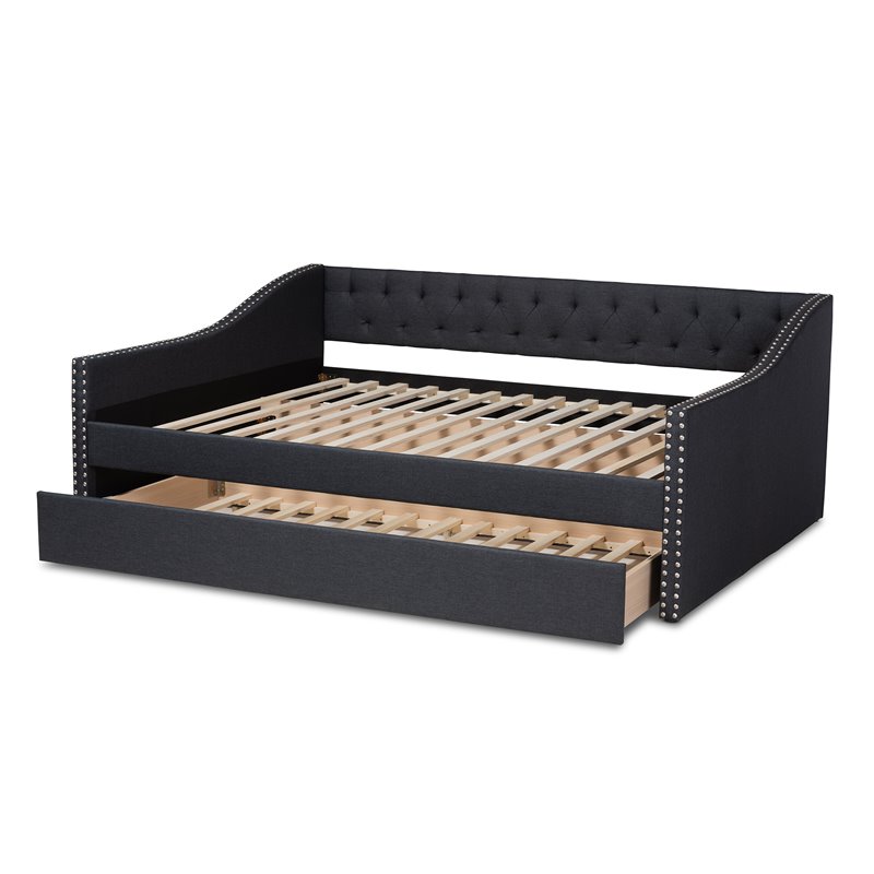 Baxton Studio Haylie Queen Size Dark Grey Upholstered Daybed with Trundle