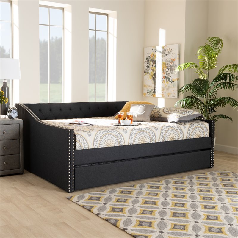 Baxton Studio Haylie Queen Size Dark Grey Upholstered Daybed with Trundle