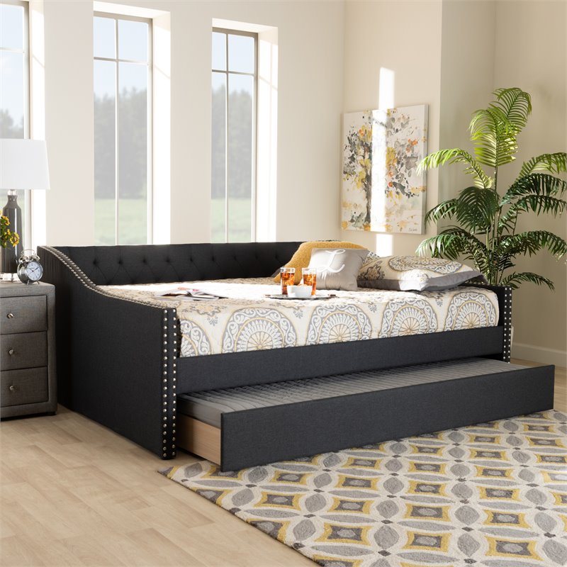 Baxton Studio Haylie Queen Size Dark Grey Upholstered Daybed with Trundle
