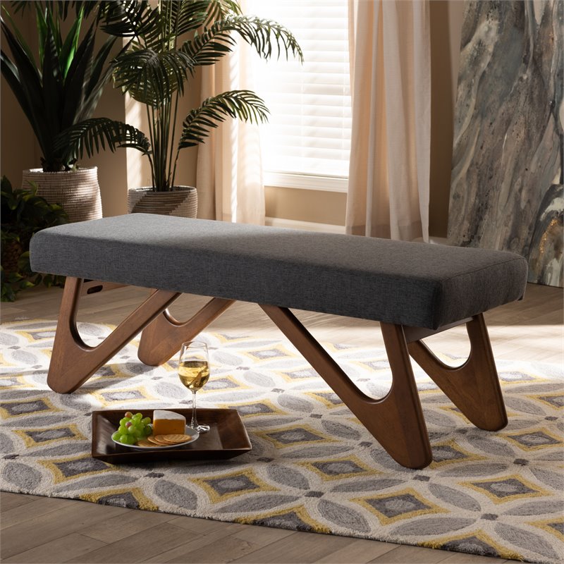 Baxton Studio Rika Dark Grey Upholstered Walnut Brown Boomerang Bench