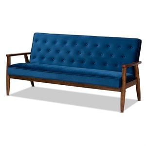Baxton Studio Sorrento Navy Blue Velvet Upholstered Walnut Wood 3-seater Sofa