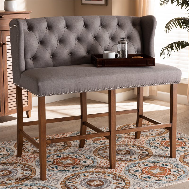 Baxton Studio Alira Grey Upholstered Walnut Finished Bar Stool Bench