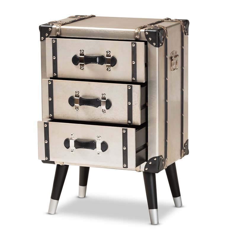 Baxton Studio Dilan Antique Silver Metal Trunk Inspired 3-Drawer End Table