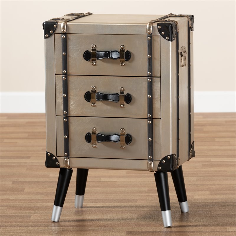 Baxton Studio Dilan Antique Silver Metal Trunk Inspired 3-Drawer End Table
