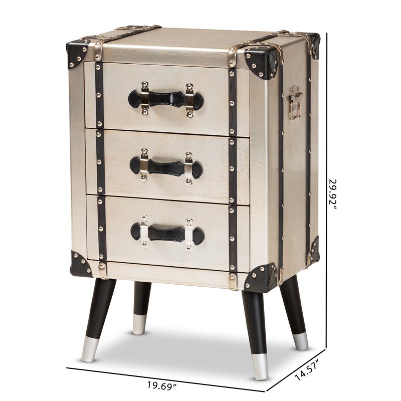 Baxton Studio Dilan Antique Silver Metal Trunk Inspired 3-Drawer End Table