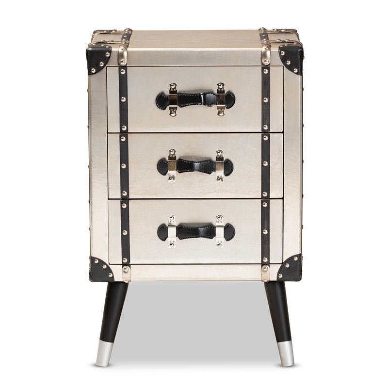 Baxton Studio Dilan Antique Silver Metal Trunk Inspired 3-Drawer End Table