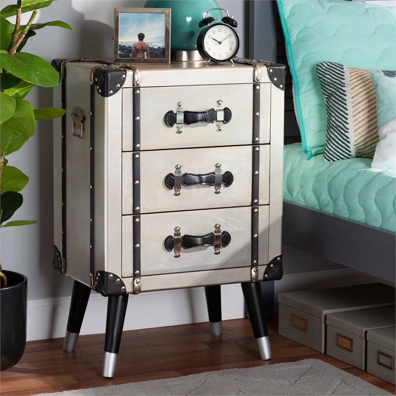Baxton Studio Dilan Antique Silver Metal Trunk Inspired 3-Drawer End Table