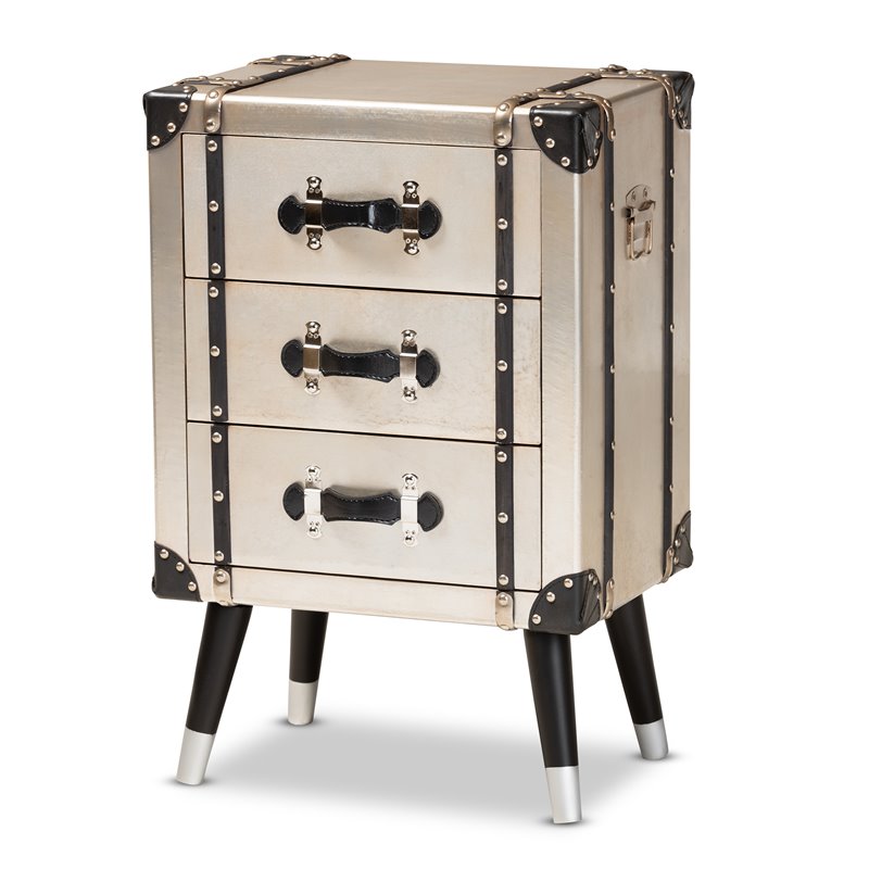Baxton Studio Dilan Antique Silver Metal Trunk Inspired 3-Drawer End Table