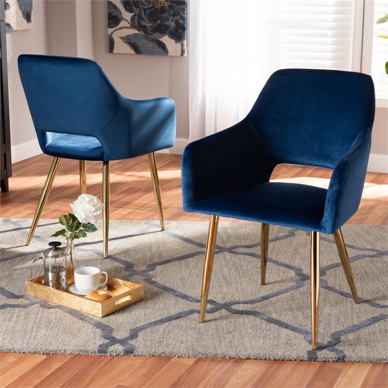 Set of 2 Baxton Studio Germaine Navy Blue Velvet Metal Dining Chairs