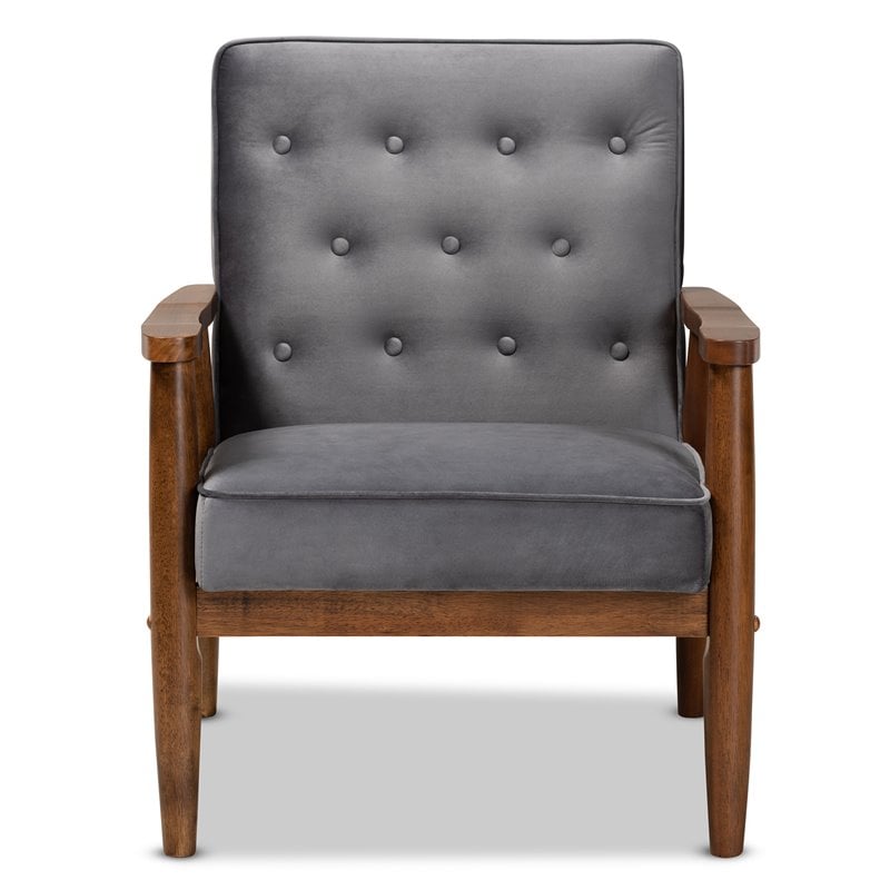 Baxton Studio Sorrento Grey Velvet Upholstered Wood Lounge Chair