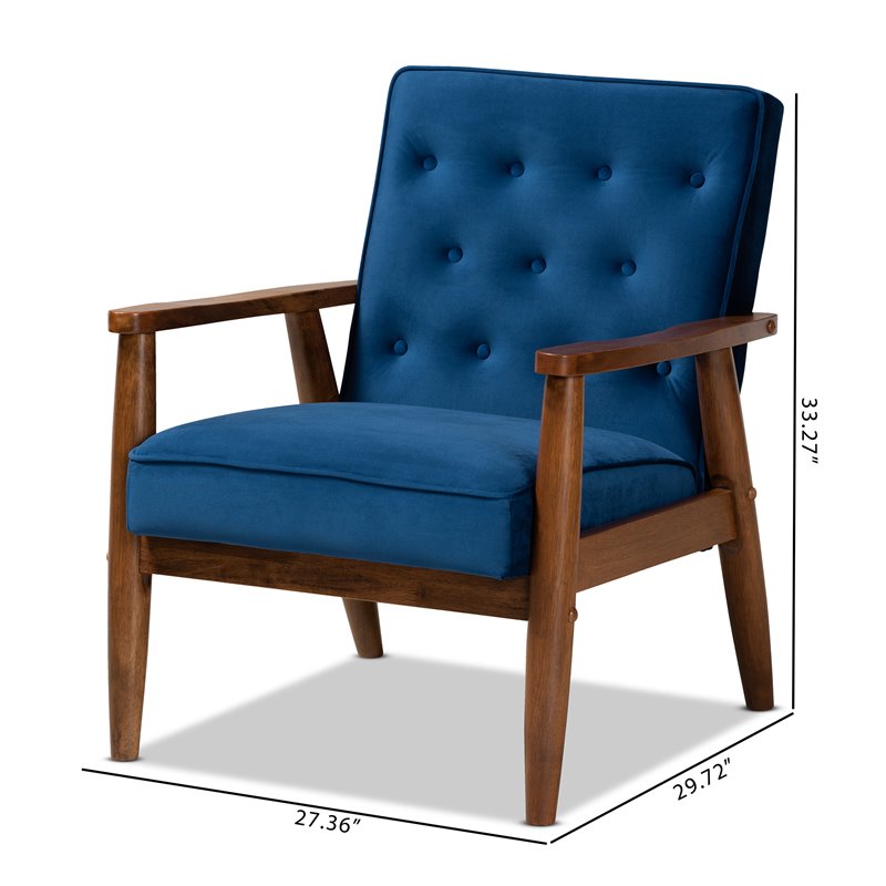 Baxton Studio Sorrento Navy Blue Velvet Upholstered Wood Lounge Chair
