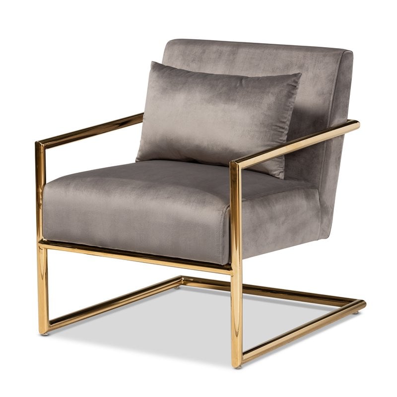 Baxton Studio Mira Grey Velvet Upholstered Gold Metal Lounge Chair