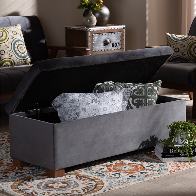 Baxton Studio Roanoke Grey Velvet Upholstered Storage Ottoman Bench