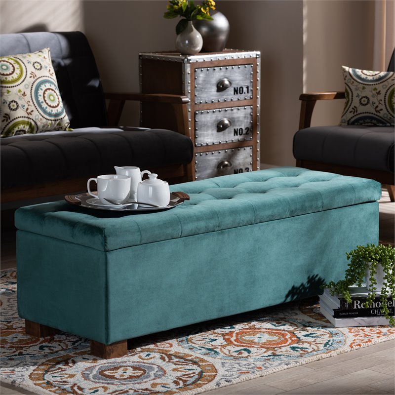 Baxton Studio Roanoke Teal Blue Velvet Upholstered Storage Ottoman Bench