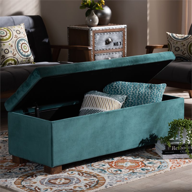 Baxton Studio Roanoke Teal Blue Velvet Upholstered Storage Ottoman Bench