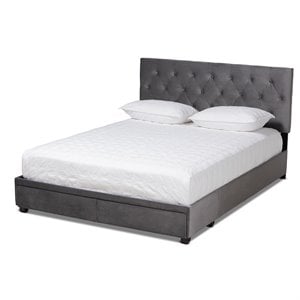 Baxton Studio Caronia Modern Velvet Tufted Platform Storage Queen Bed in Gray