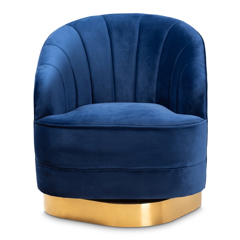 Baxton Studio Fiore Velvet and Brushed Gold Swivel Accent Chair in Royal Blue