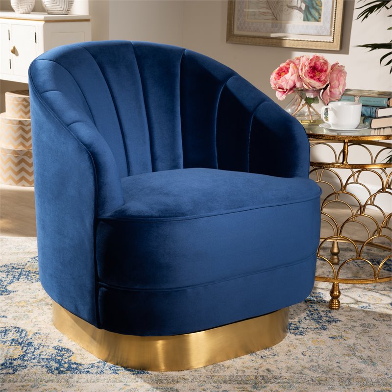 Baxton Studio Fiore Velvet and Brushed Gold Swivel Accent Chair in Royal Blue