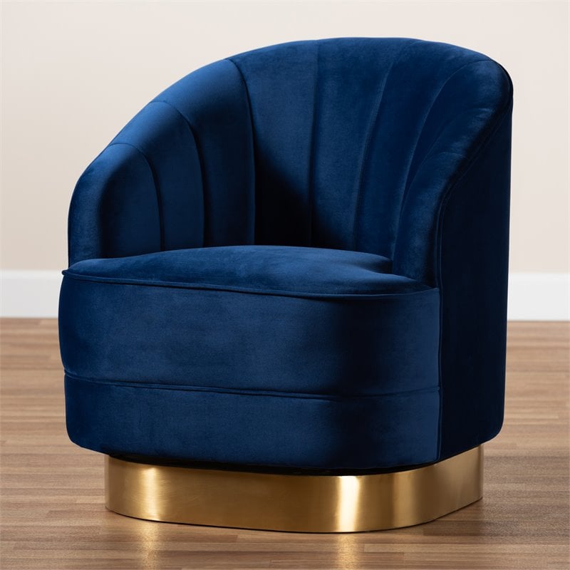 Baxton Studio Fiore Velvet and Brushed Gold Swivel Accent Chair in Royal Blue
