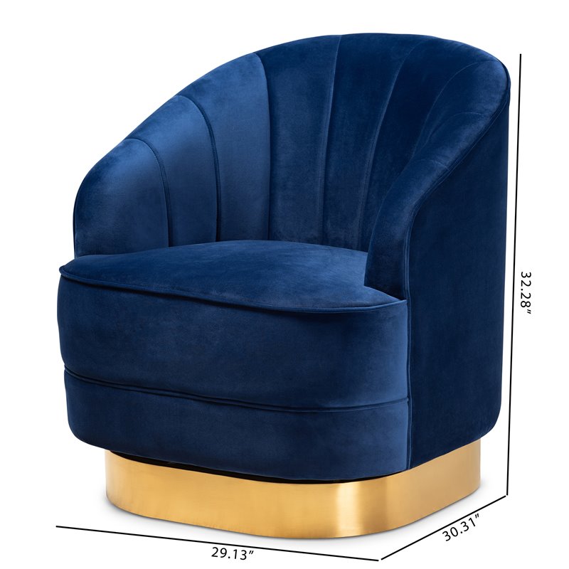 Baxton Studio Fiore Velvet and Brushed Gold Swivel Accent Chair in Royal Blue