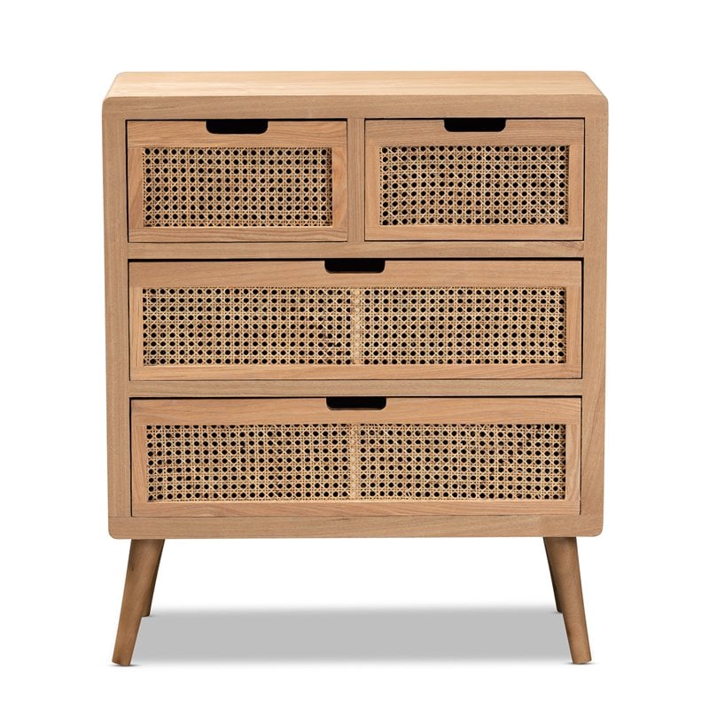 Baxton Studio Alina Medium Oak Finished Wood and Rattan 4-Drawer Accent Chest