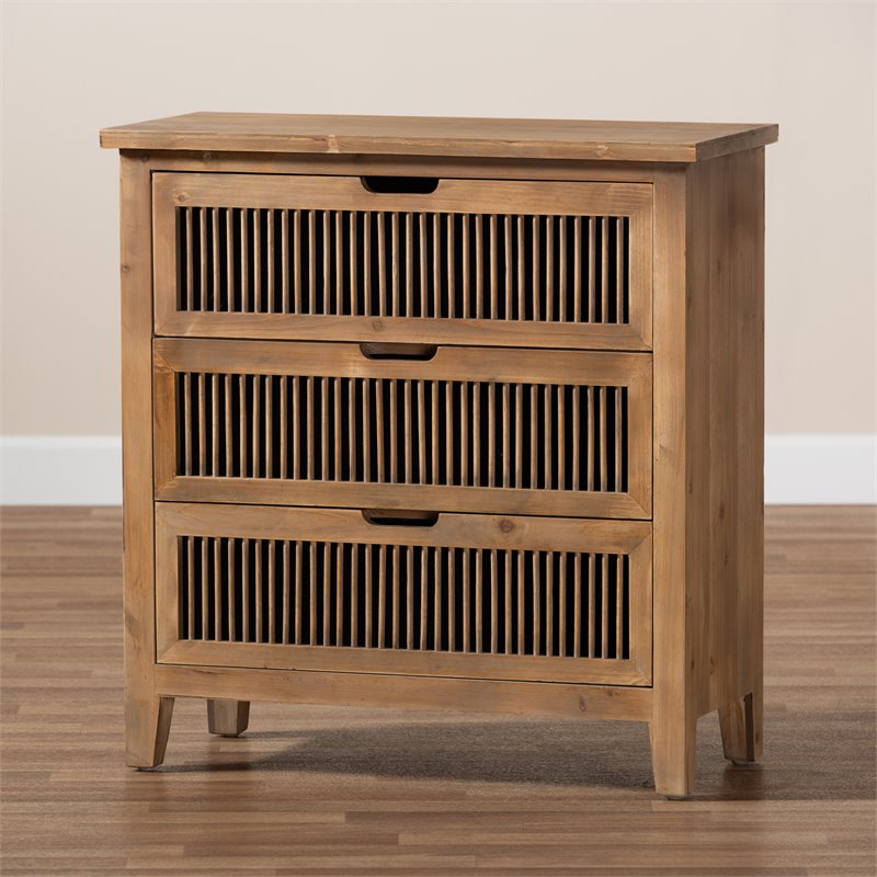 Baxton Studio Clement Medium Oak Finished 3-Drawer Wood Spindle Chest