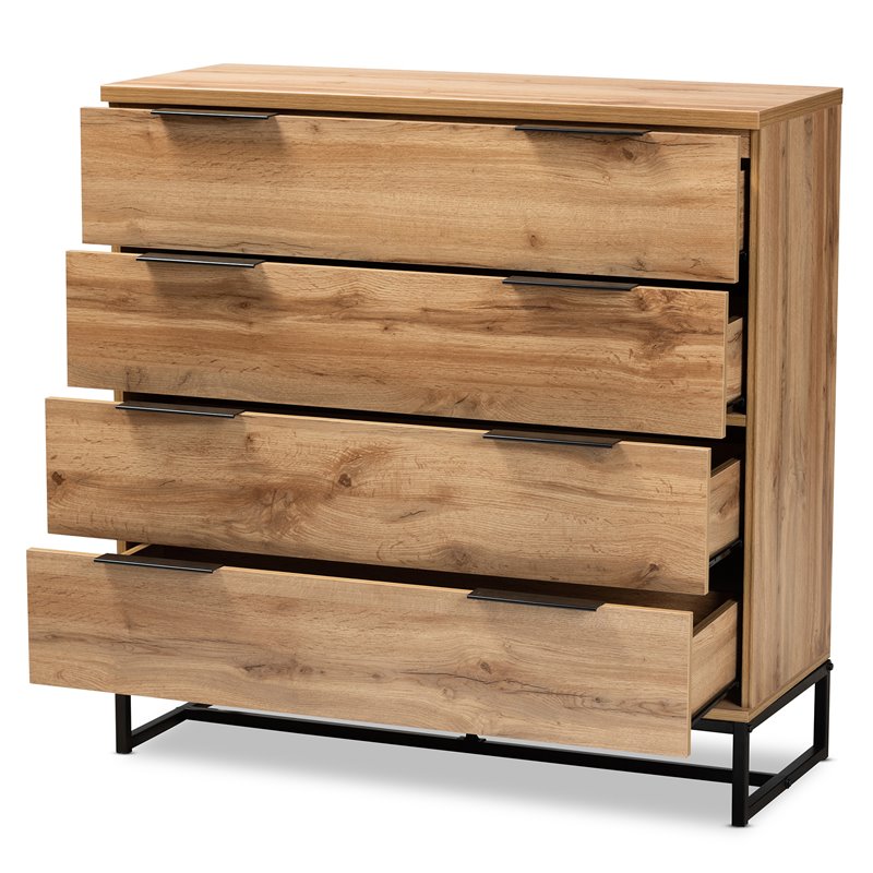 Baxton Studio Reid Industrial Oak Finished Wood Black Metal 4-Drawer Dresser