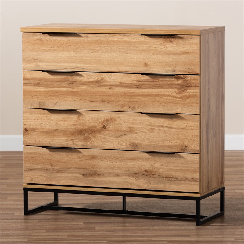 Baxton Studio Reid Industrial Oak Finished Wood Black Metal 4-Drawer Dresser