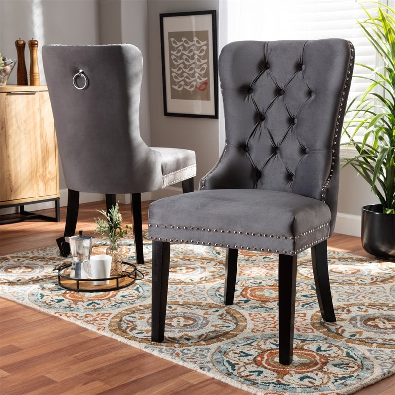 Set of 2 Baxton Studio Remy Grey Velvet Upholstered Espresso Wood Dining Chairs