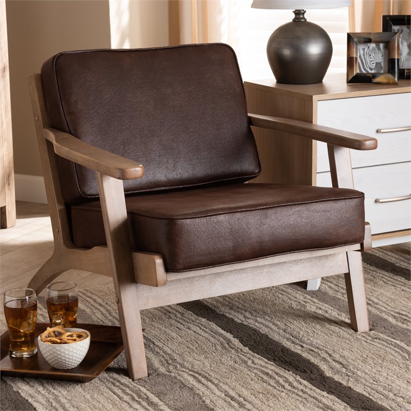 Baxton Studio Sigrid Dark Brown Faux Leather Antique Oak Finished Wood Armchair