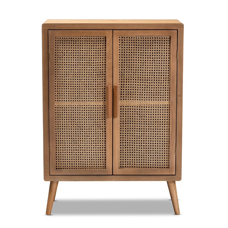 Baxton Studio Mid-Century Brown Oak Finished Wood and Rattan Storage Cabinet