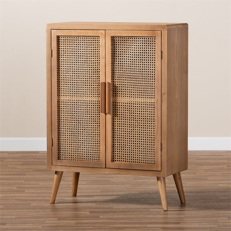 Baxton Studio Mid-Century Brown Oak Finished Wood and Rattan Storage Cabinet