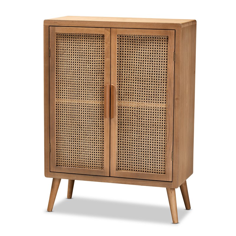 Baxton Studio Mid-Century Brown Oak Finished Wood and Rattan Storage Cabinet