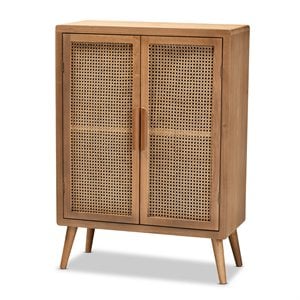 Baxton Studio Mid-Century Brown Oak Finished Wood and Rattan Storage Cabinet