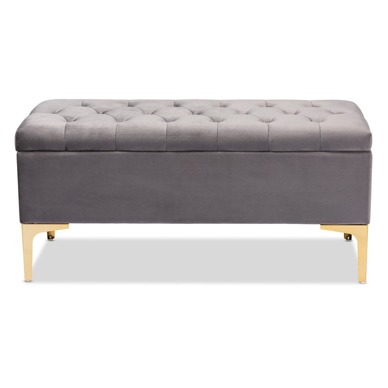 Baxton Studio Valere Grey Velvet Gold Finished Button Tufted Storage Ottoman