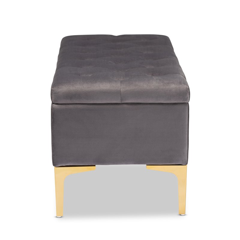 Baxton Studio Valere Grey Velvet Gold Finished Button Tufted Storage Ottoman