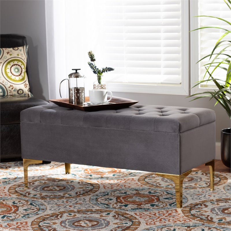 Baxton Studio Valere Grey Velvet Gold Finished Button Tufted Storage Ottoman