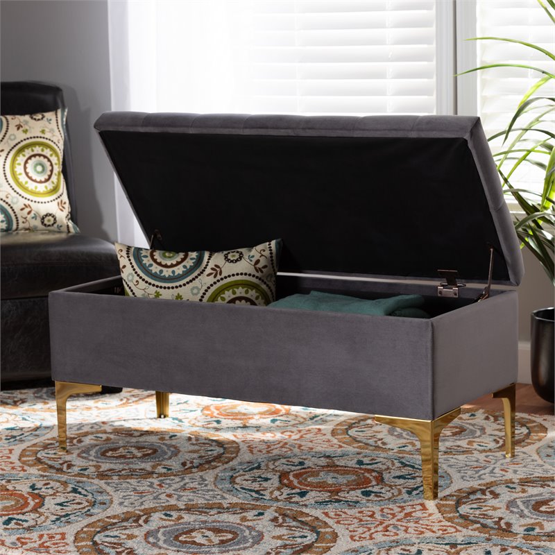 Baxton Studio Valere Grey Velvet Gold Finished Button Tufted Storage Ottoman