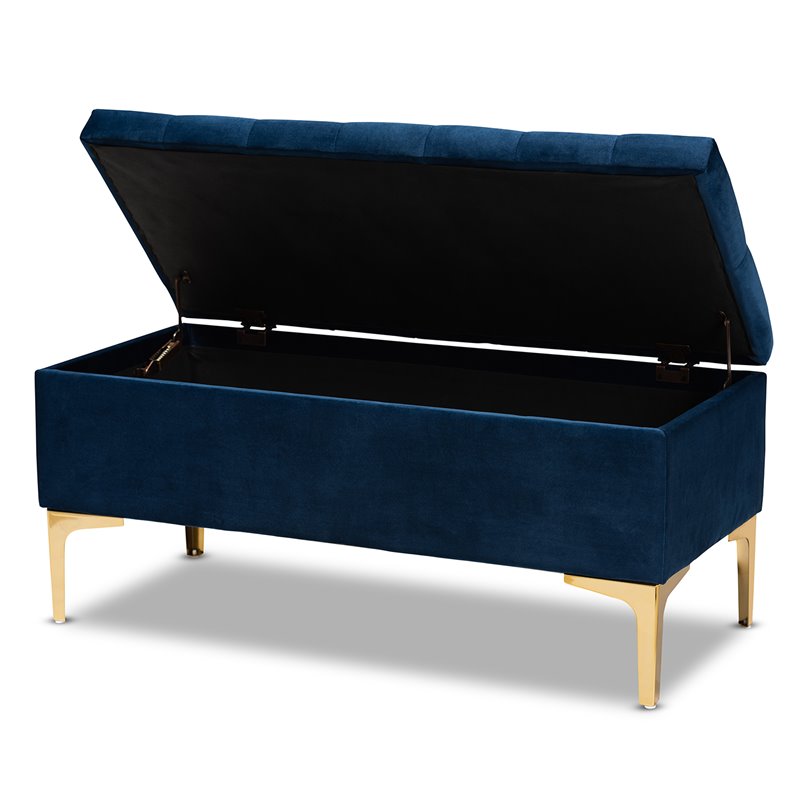 Baxton Studio Valere Navy Blue Velvet Gold Button Tufted Storage Ottoman