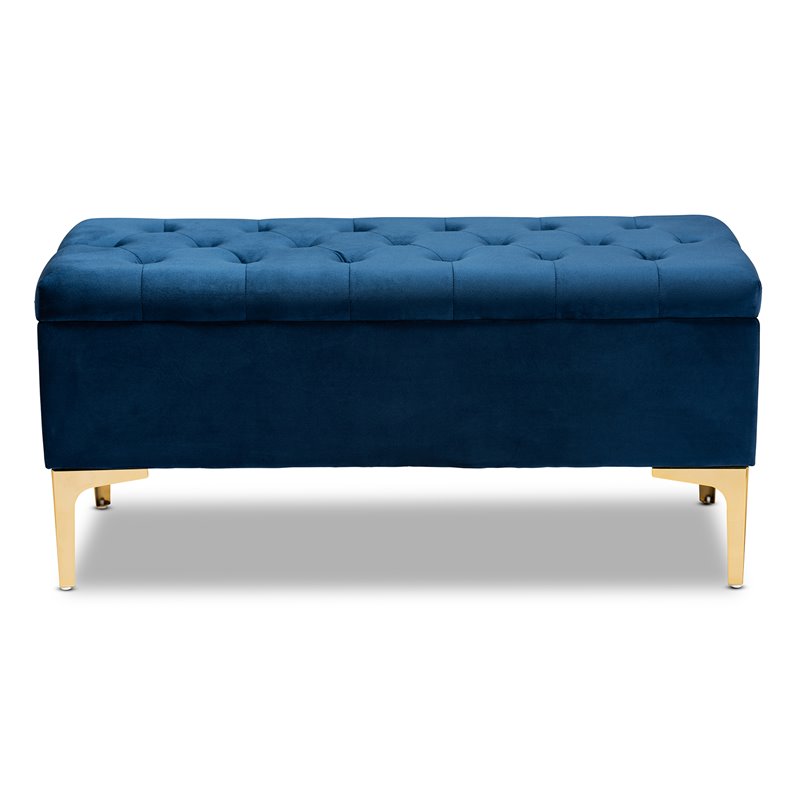 Baxton Studio Valere Navy Blue Velvet Gold Button Tufted Storage Ottoman